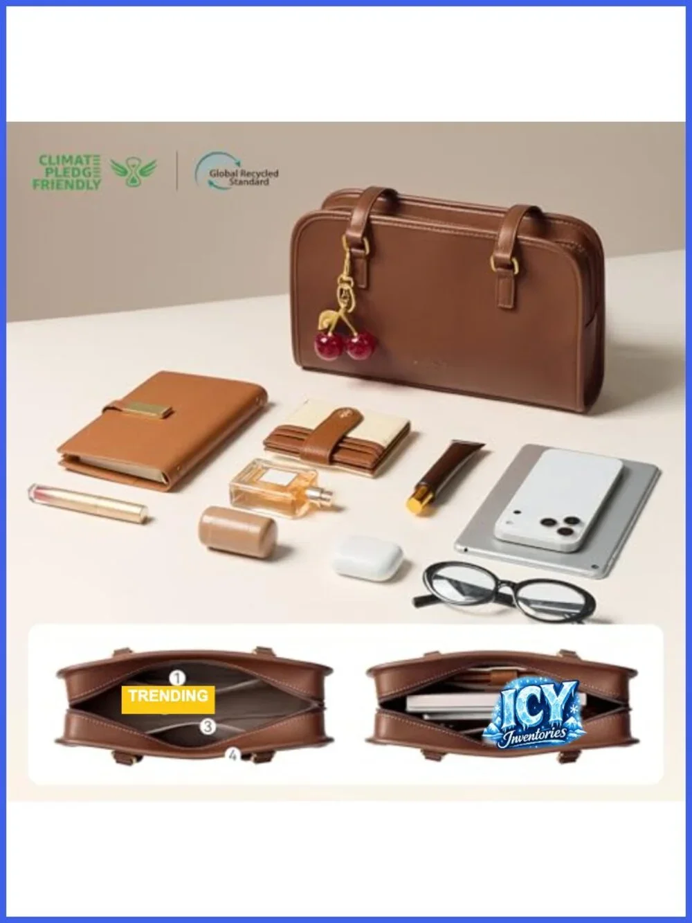 Vegan Leather Cherry Charm Shoulder Bag Gold Hardware Medium Structured Handbag